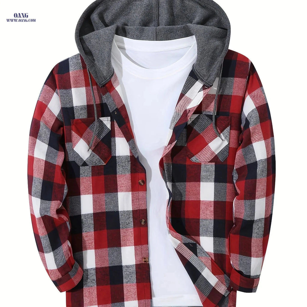 Men's Sporty Hooded Sweatshirt - Red Plaid Gym Pullover Hoodie   OAXG 