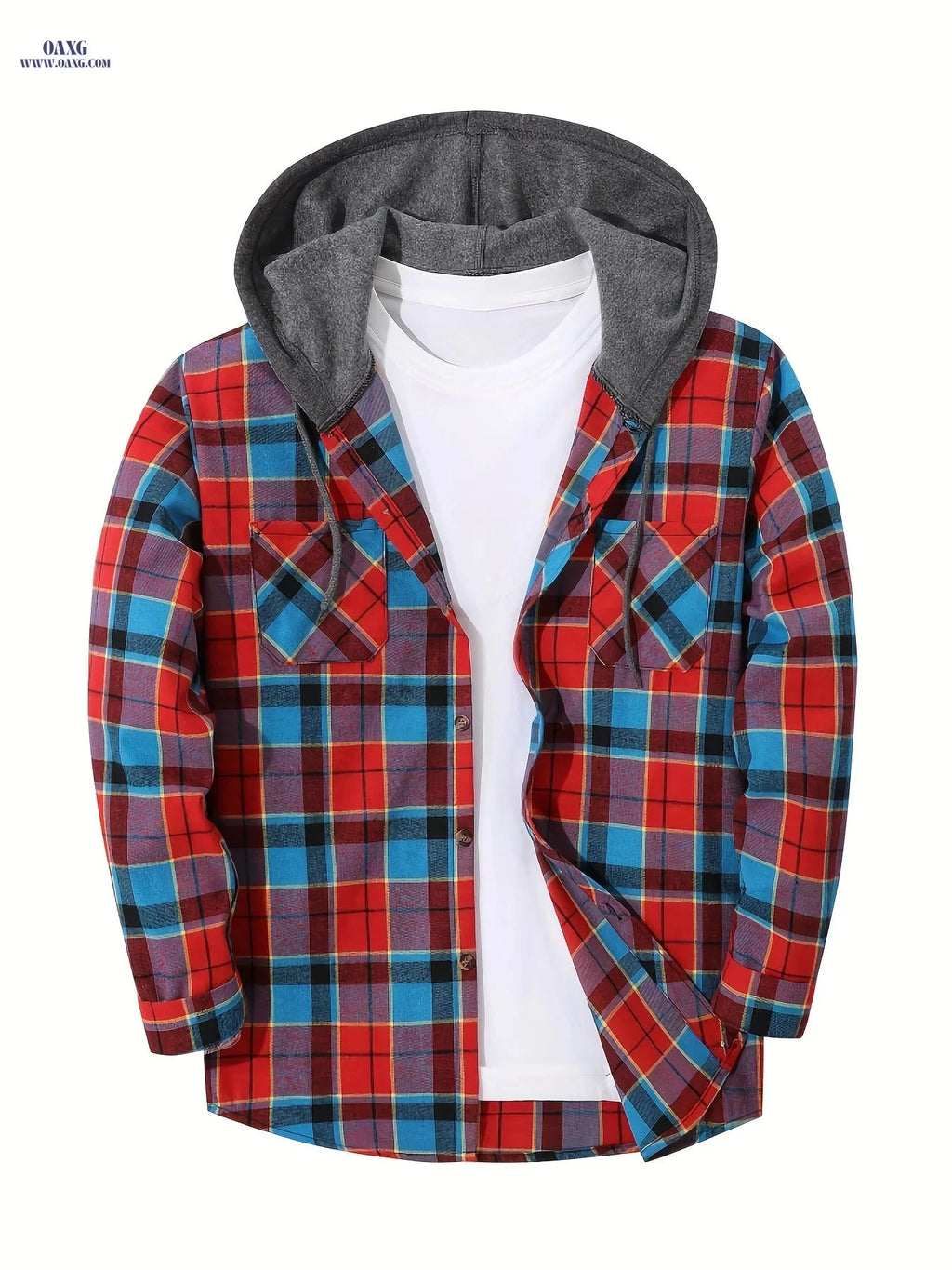 Men's Sporty Hooded Sweatshirt - Red Plaid Gym Pullover Hoodie   OAXG 