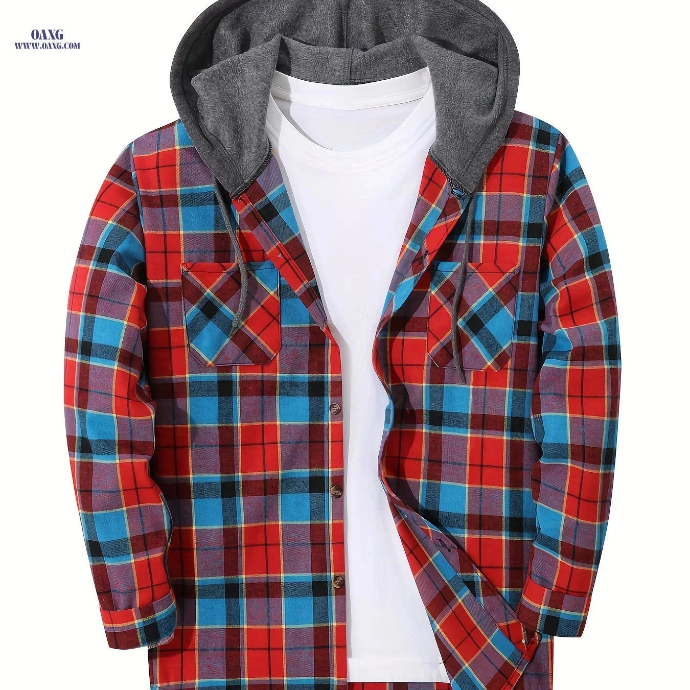 Men's Sporty Hooded Sweatshirt - Red Plaid Gym Pullover Hoodie   OAXG 