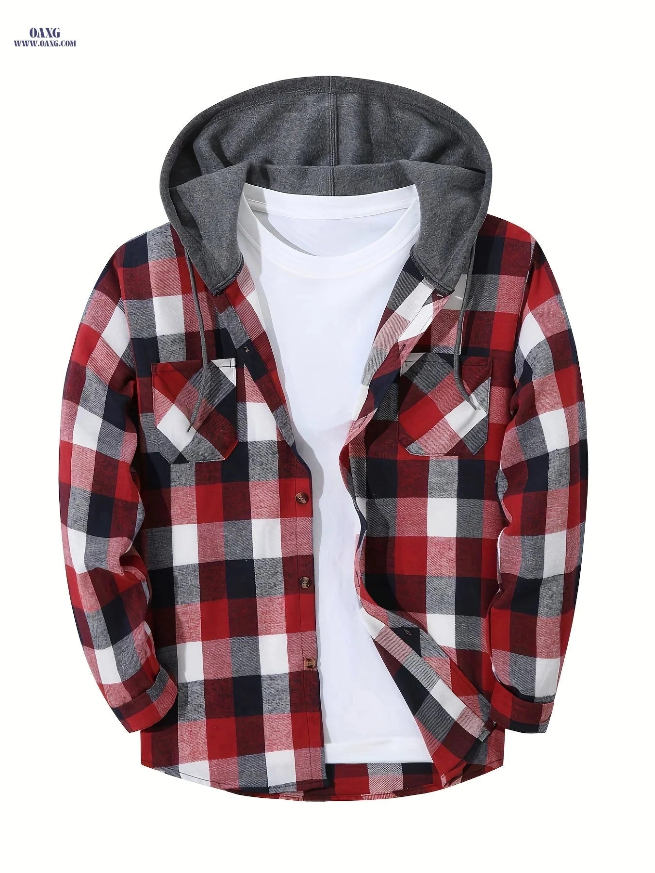 Men's Sporty Hooded Sweatshirt - Red Plaid Gym Pullover Hoodie   OAXG Red White Gray / FR S