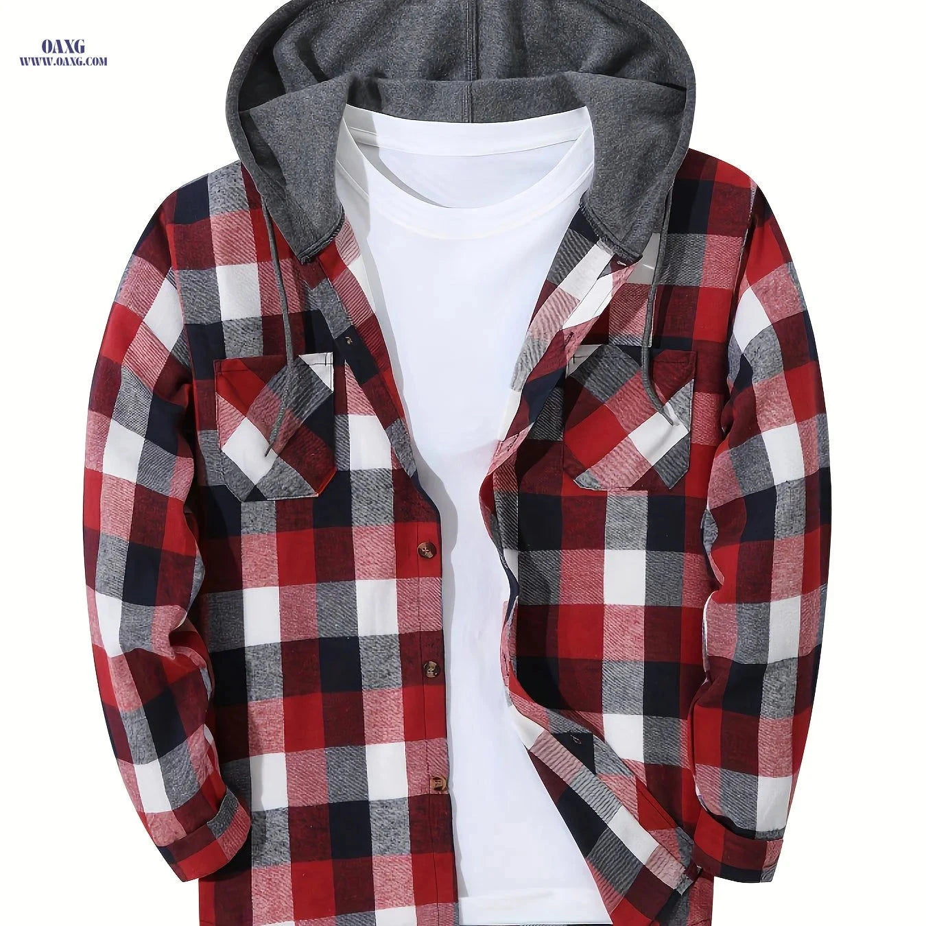 Men's Sporty Hooded Sweatshirt - Red Plaid Gym Pullover Hoodie   OAXG Red White Gray / FR S
