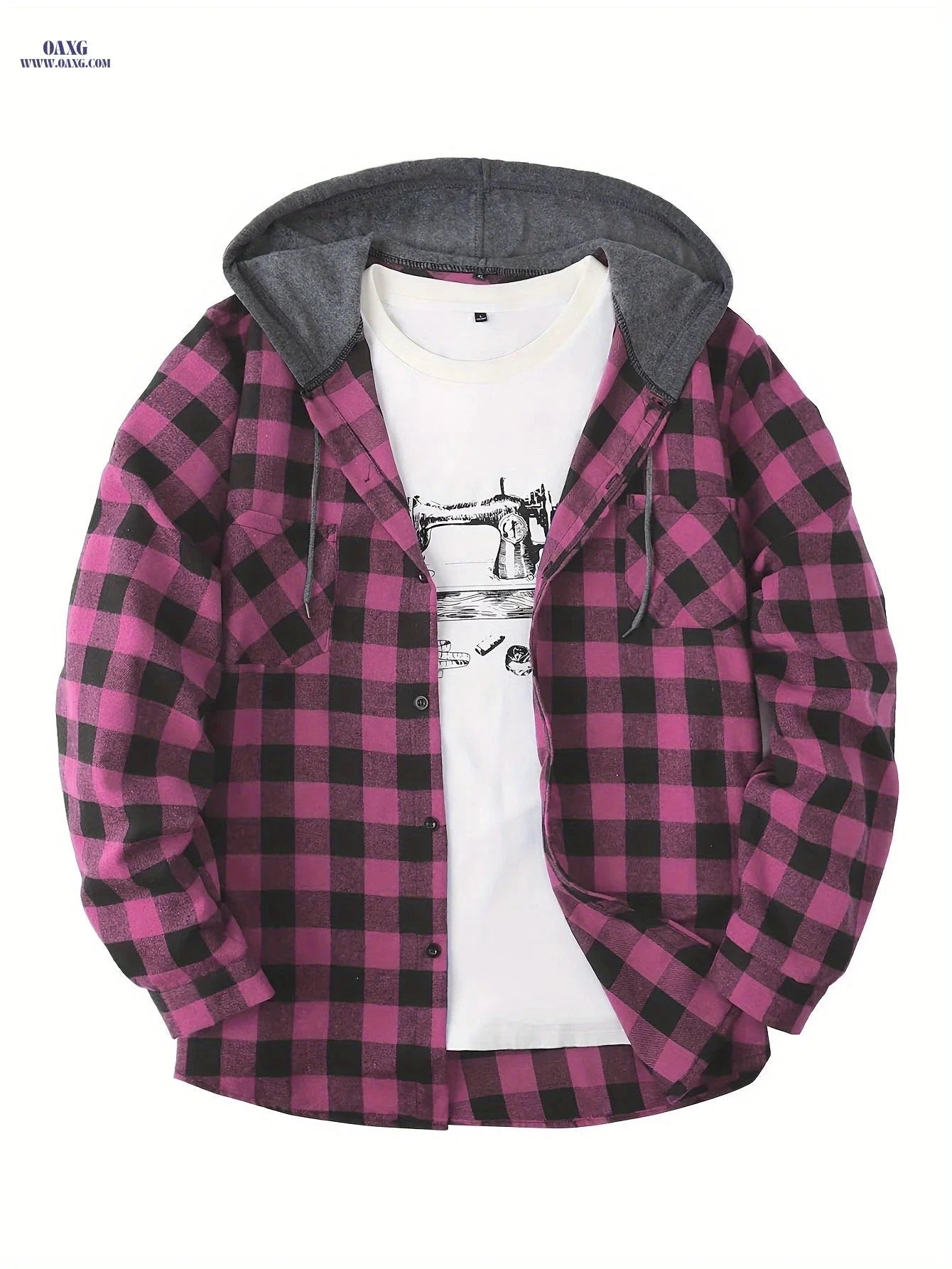 Men's Sporty Hooded Sweatshirt - Red Plaid Gym Pullover Hoodie   OAXG Red White Gray / FR S