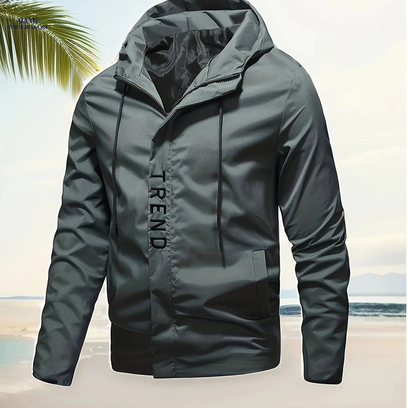 Men's Spring/Autumn Zip-Up Hoodie Jacket - Solid Color, Embroidered Print   OAXG 