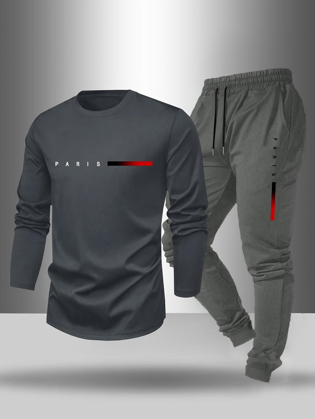 Men's Spring/Fall T-Shirt & Pants Set - Paris Letter Print Style   OAXG Dark Gray Light Gray / FR S