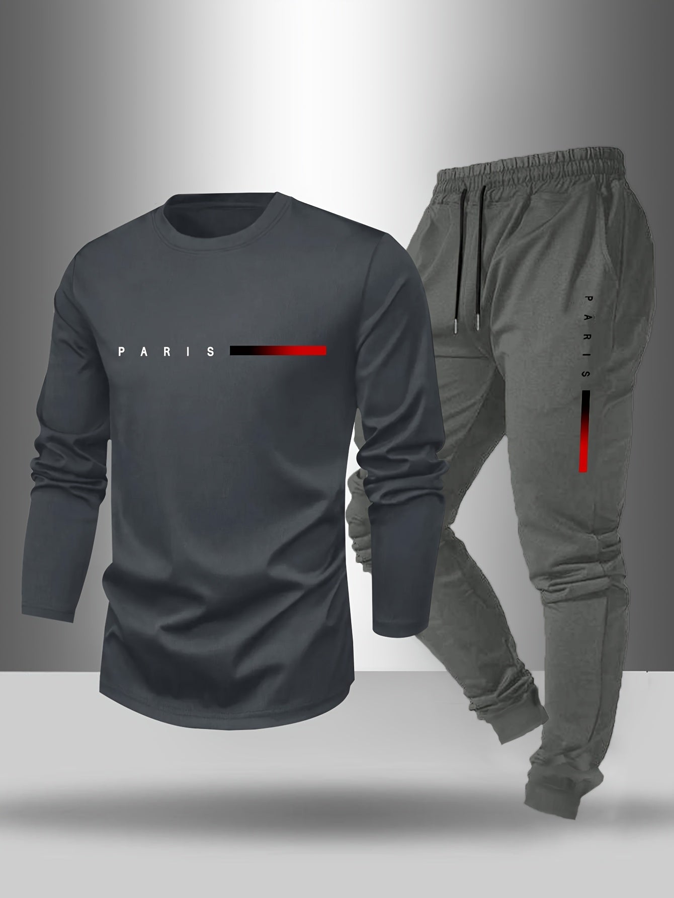 Men's Spring/Fall T-Shirt & Pants Set - Paris Letter Print Style   OAXG Dark Gray Light Gray / FR S
