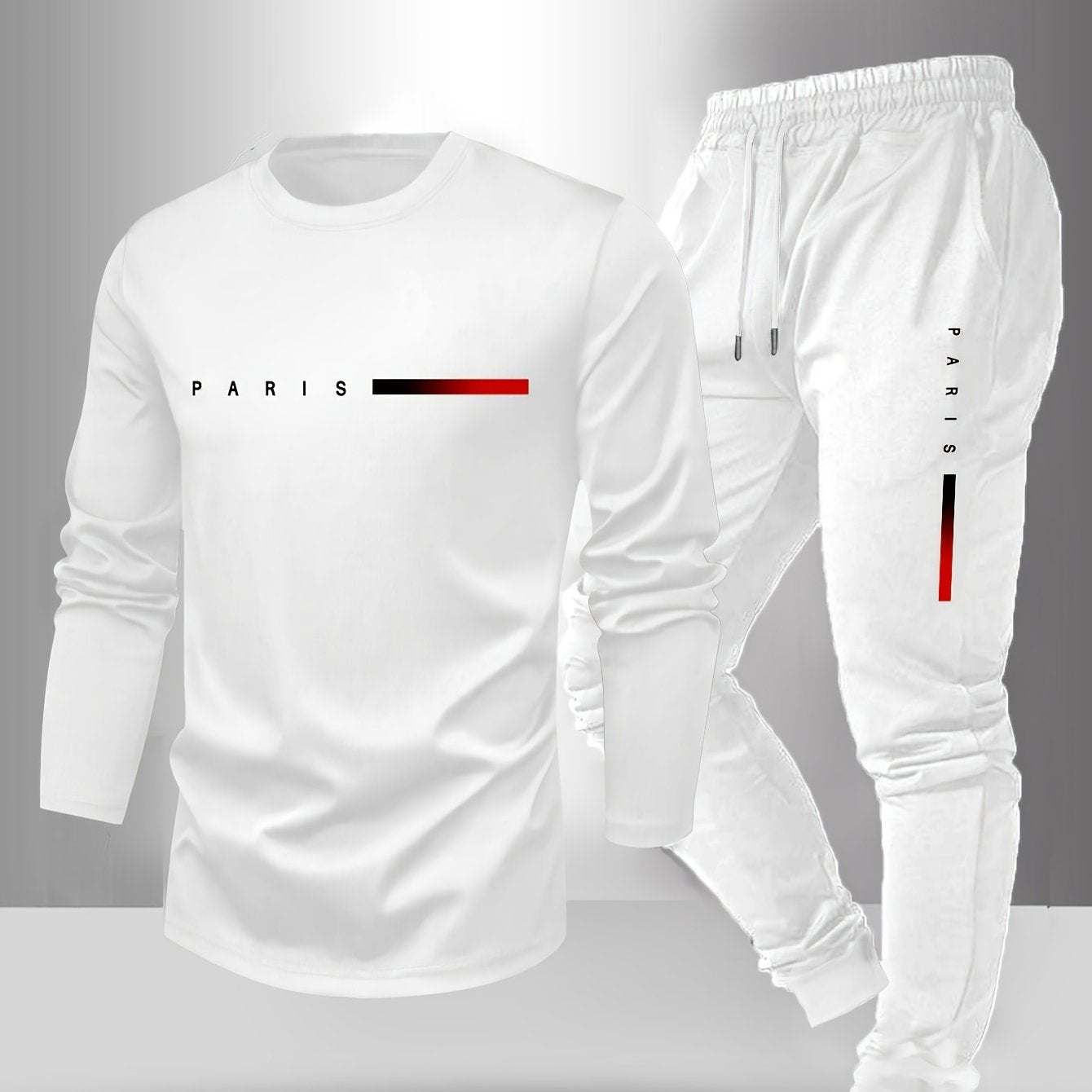 Men's Spring/Fall T-Shirt & Pants Set - Paris Letter Print Style   OAXG Dark Gray Light Gray / FR S