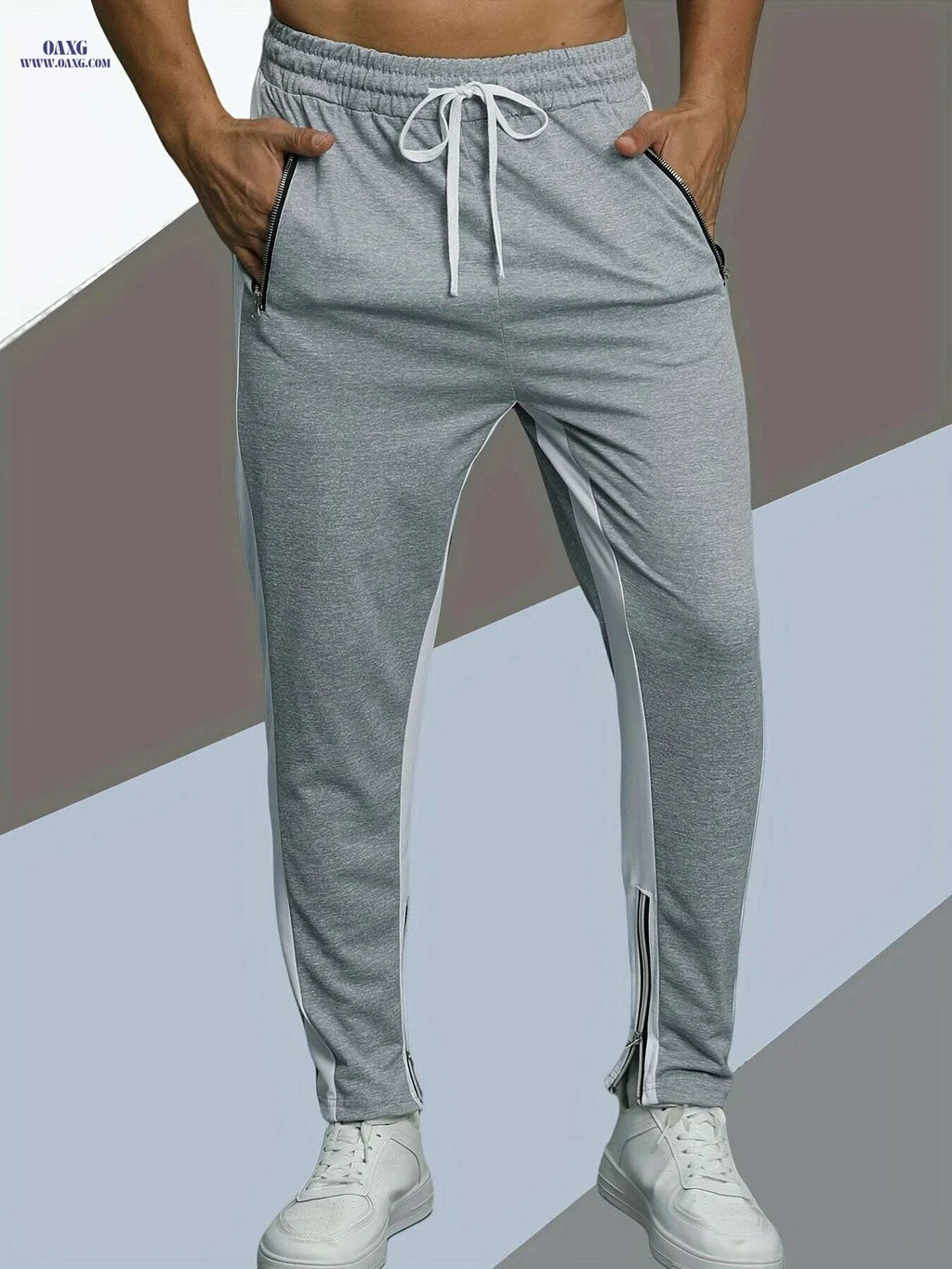 Men's Spring Jogger Pants - Elastic Drawstring, Zipper Pockets, Streetwear   OAXG 