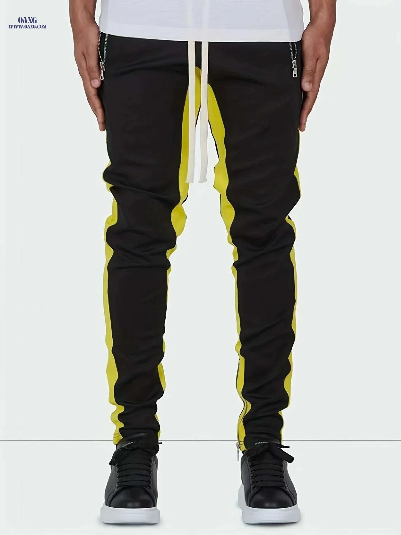 Men's Spring Jogger Pants - Elastic Drawstring, Zipper Pockets, Streetwear   OAXG 
