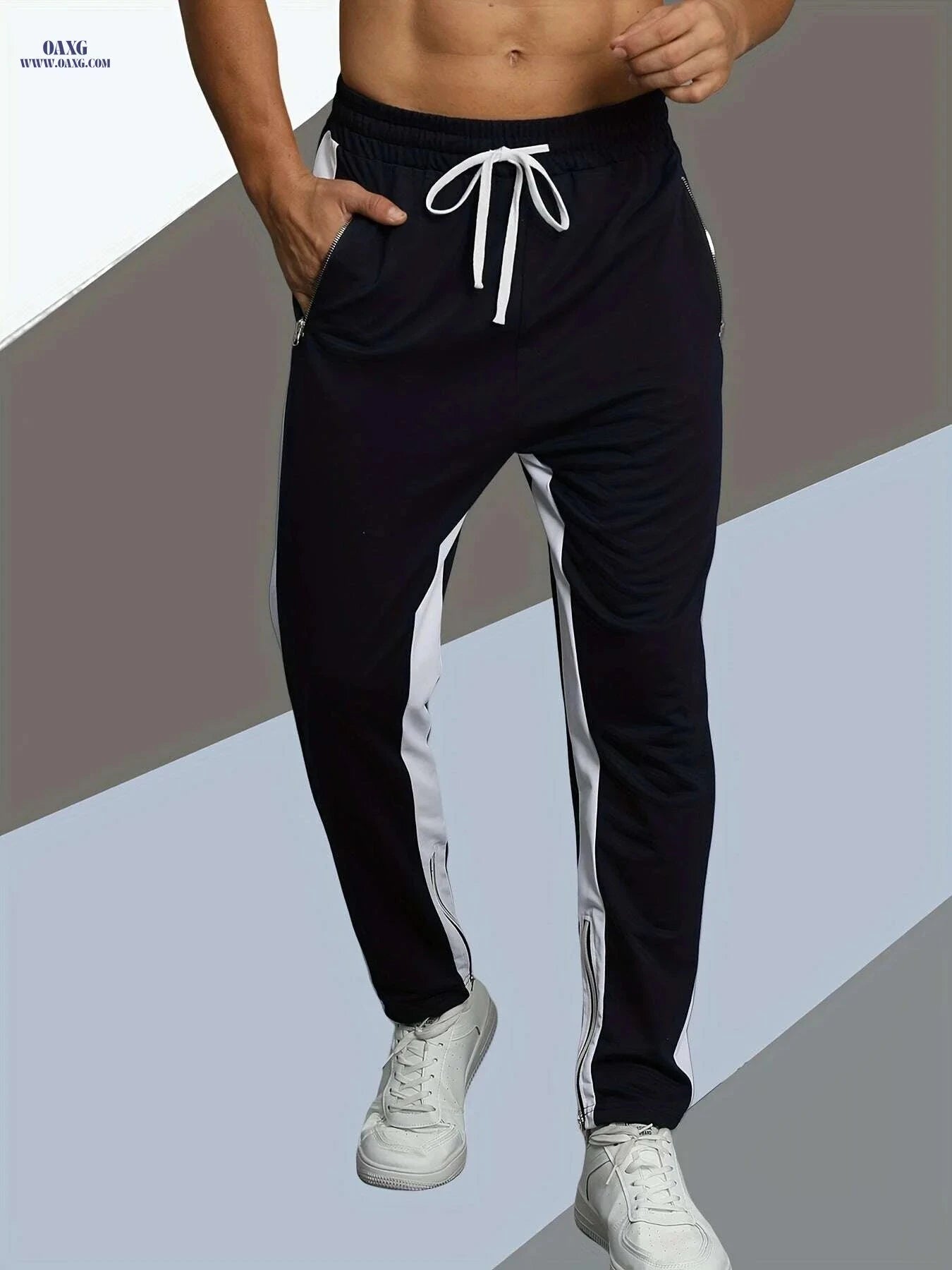 Men's Spring Jogger Pants - Elastic Drawstring, Zipper Pockets, Streetwear   OAXG 