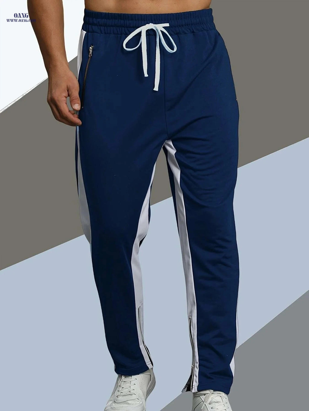 Men's Spring Jogger Pants - Elastic Drawstring, Zipper Pockets, Streetwear   OAXG Navy Blue / S