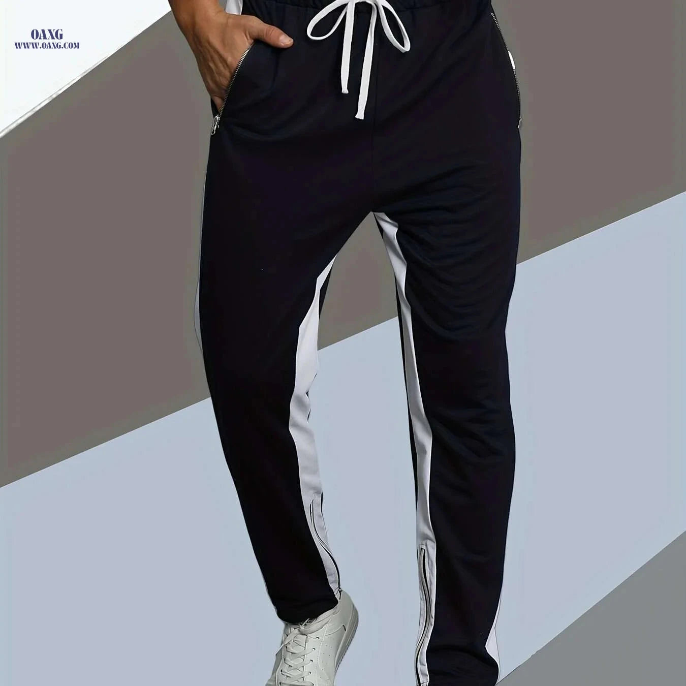 Men's Spring Jogger Pants - Elastic Drawstring, Zipper Pockets, Streetwear   OAXG Navy Blue / S