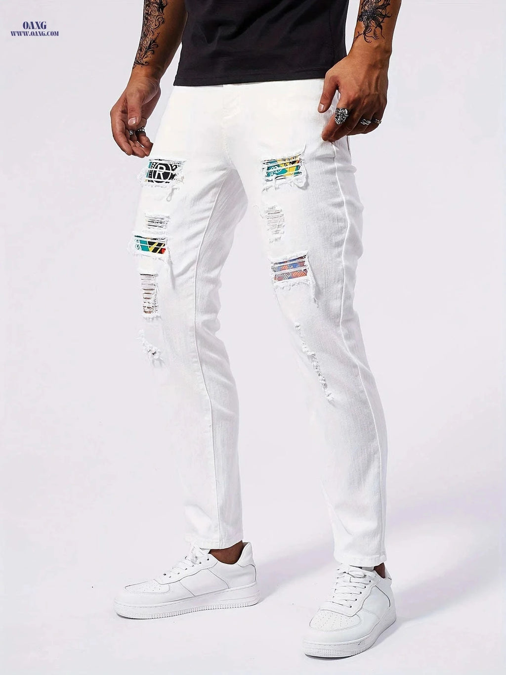 Men's Stretch Skinny Jeans - Distressed White Denim for Casual Style   OAXG 