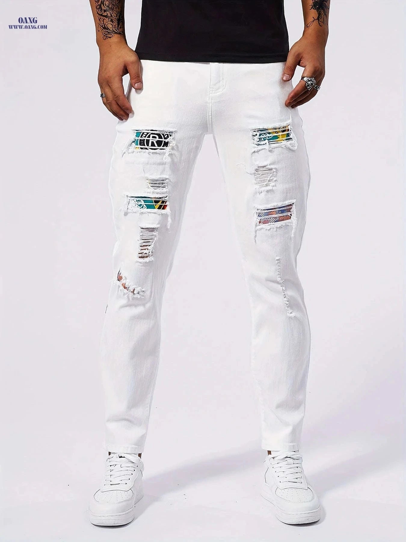 Men's Stretch Skinny Jeans - Distressed White Denim for Casual Style   OAXG 