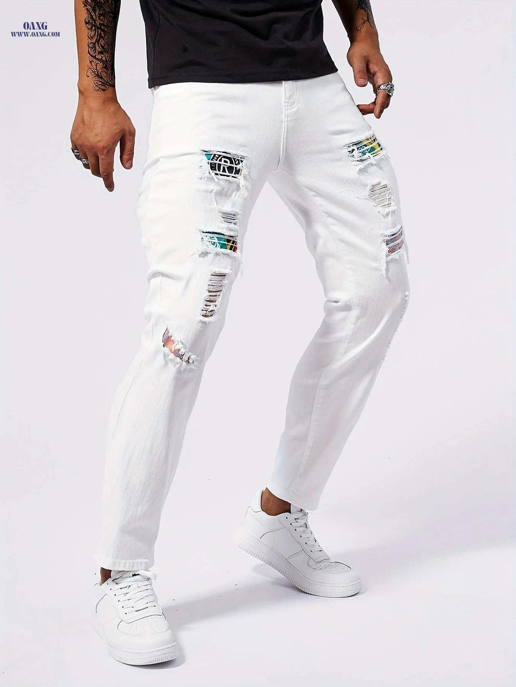 Men's Stretch Skinny Jeans - Distressed White Denim for Casual Style   OAXG 