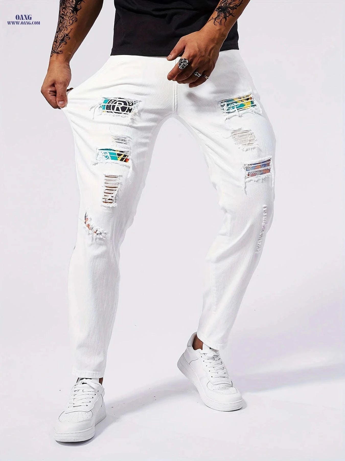 Men's Stretch Skinny Jeans - Distressed White Denim for Casual Style   OAXG White / FR 36