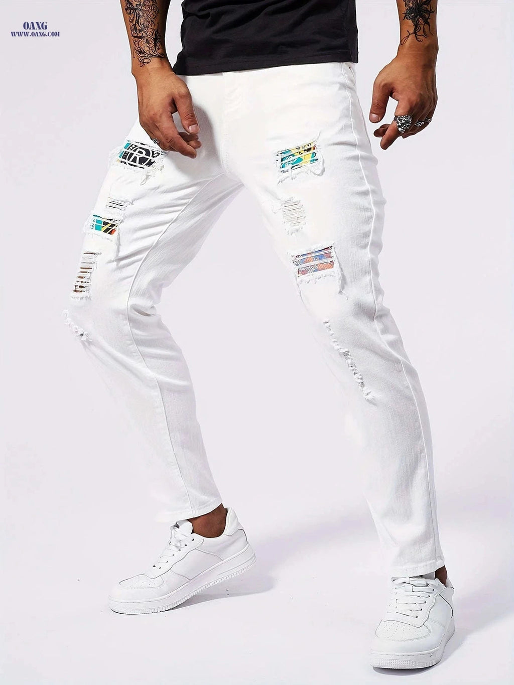 Men's Stretch Skinny Jeans - Distressed White Denim for Casual Style   OAXG White / FR 36