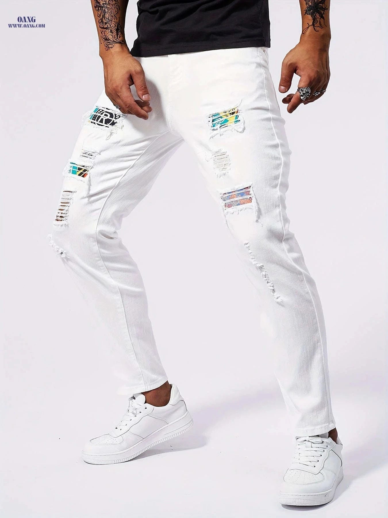 Men's Stretch Skinny Jeans - Distressed White Denim for Casual Style   OAXG White / FR 36