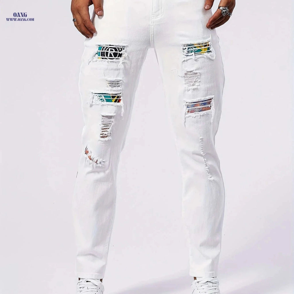Men's Stretch Skinny Jeans - Distressed White Denim for Casual Style   OAXG White / FR 36