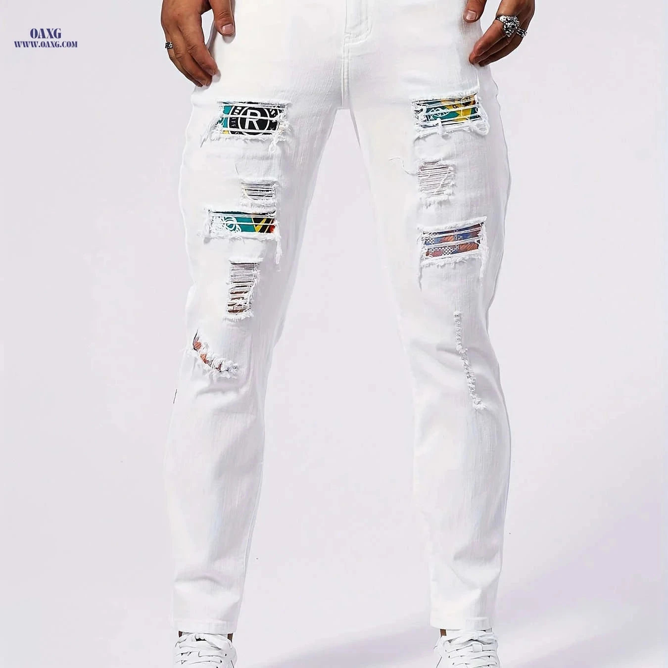 Men's Stretch Skinny Jeans - Distressed White Denim for Casual Style   OAXG White / FR 36