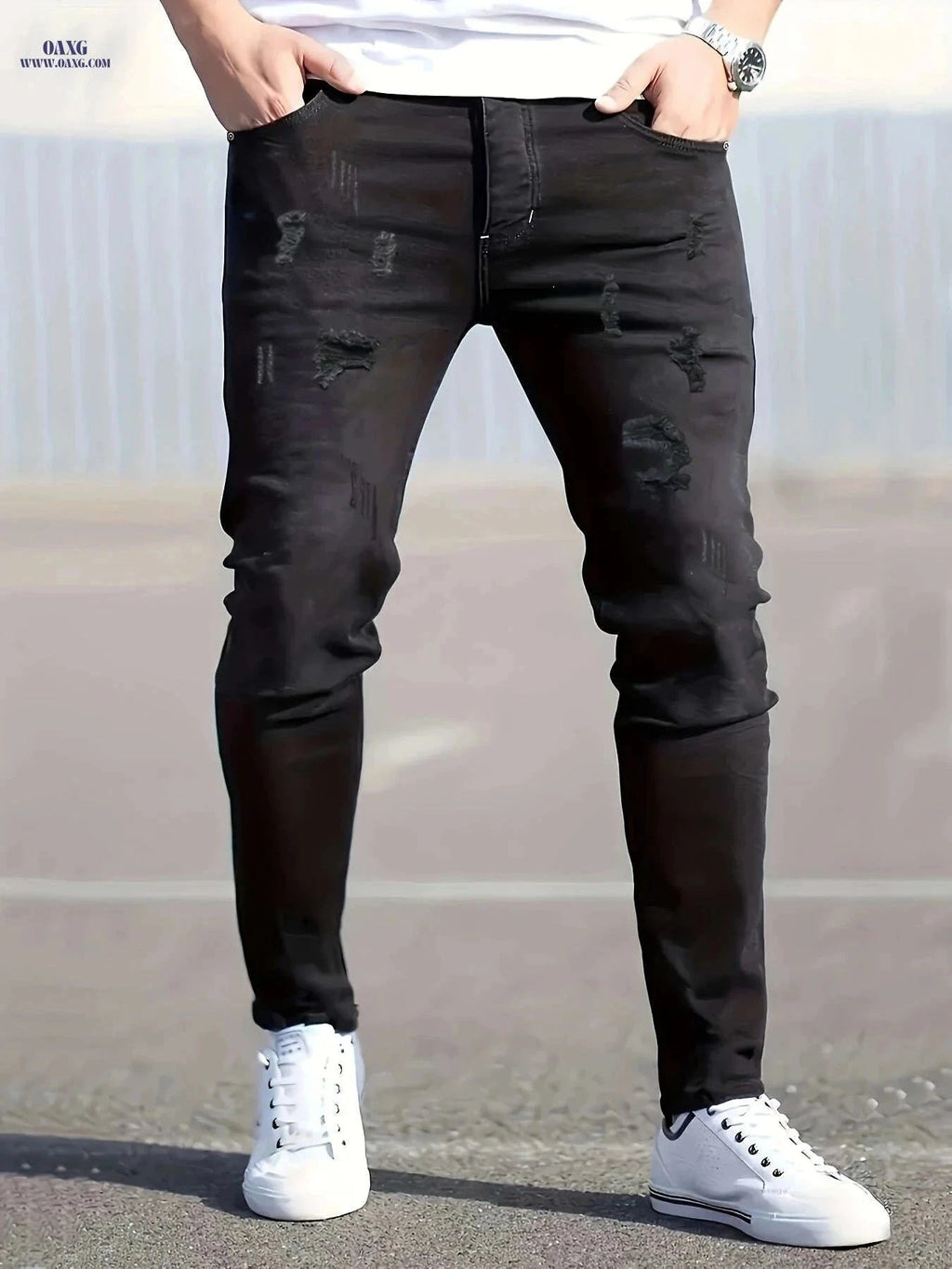 Men's Stretch Slim Fit Ripped Jeans - Classic All-Season Style   OAXG Ebony / FR S