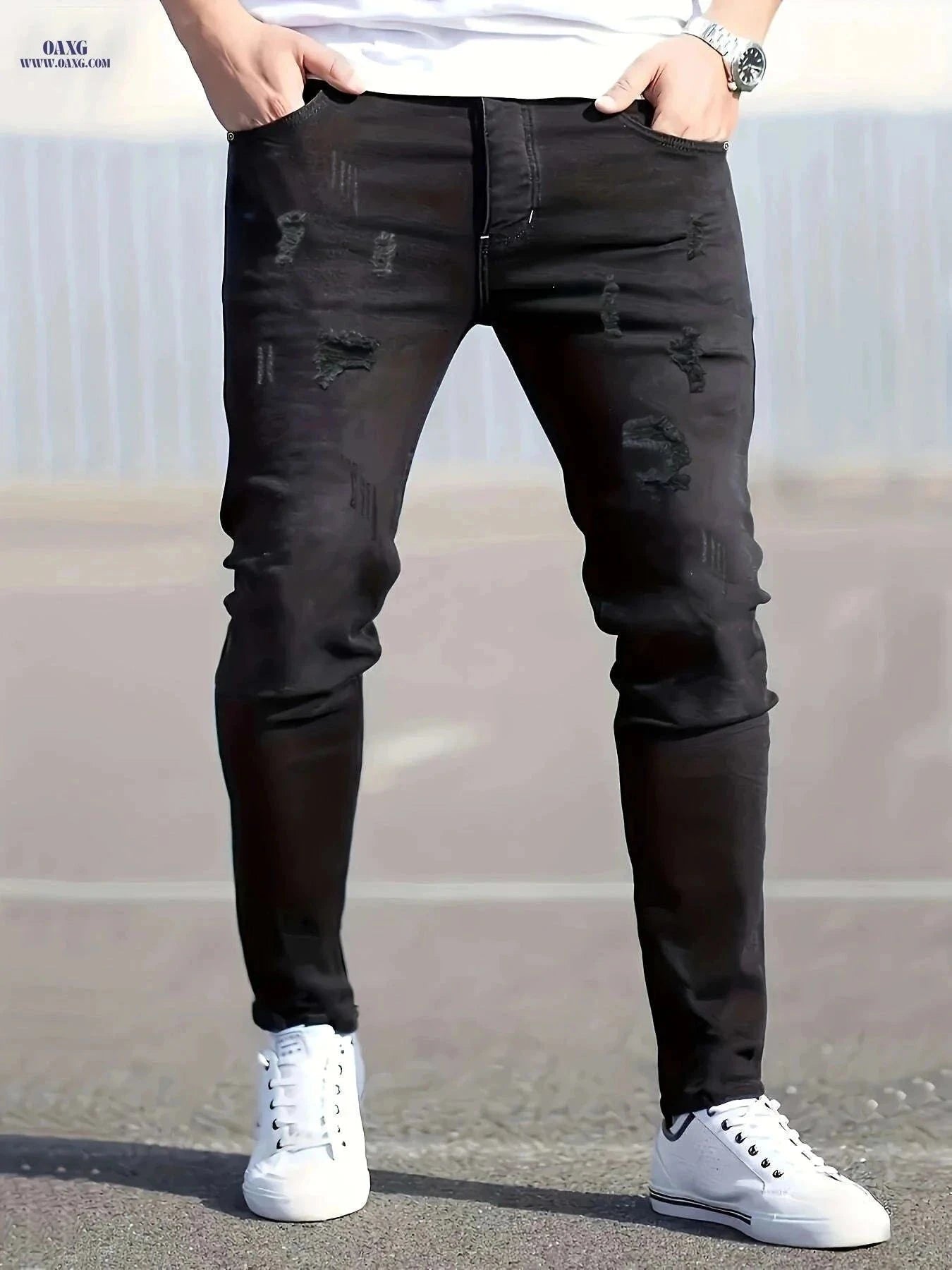 Men's Stretch Slim Fit Ripped Jeans - Classic All-Season Style   OAXG Ebony / FR S