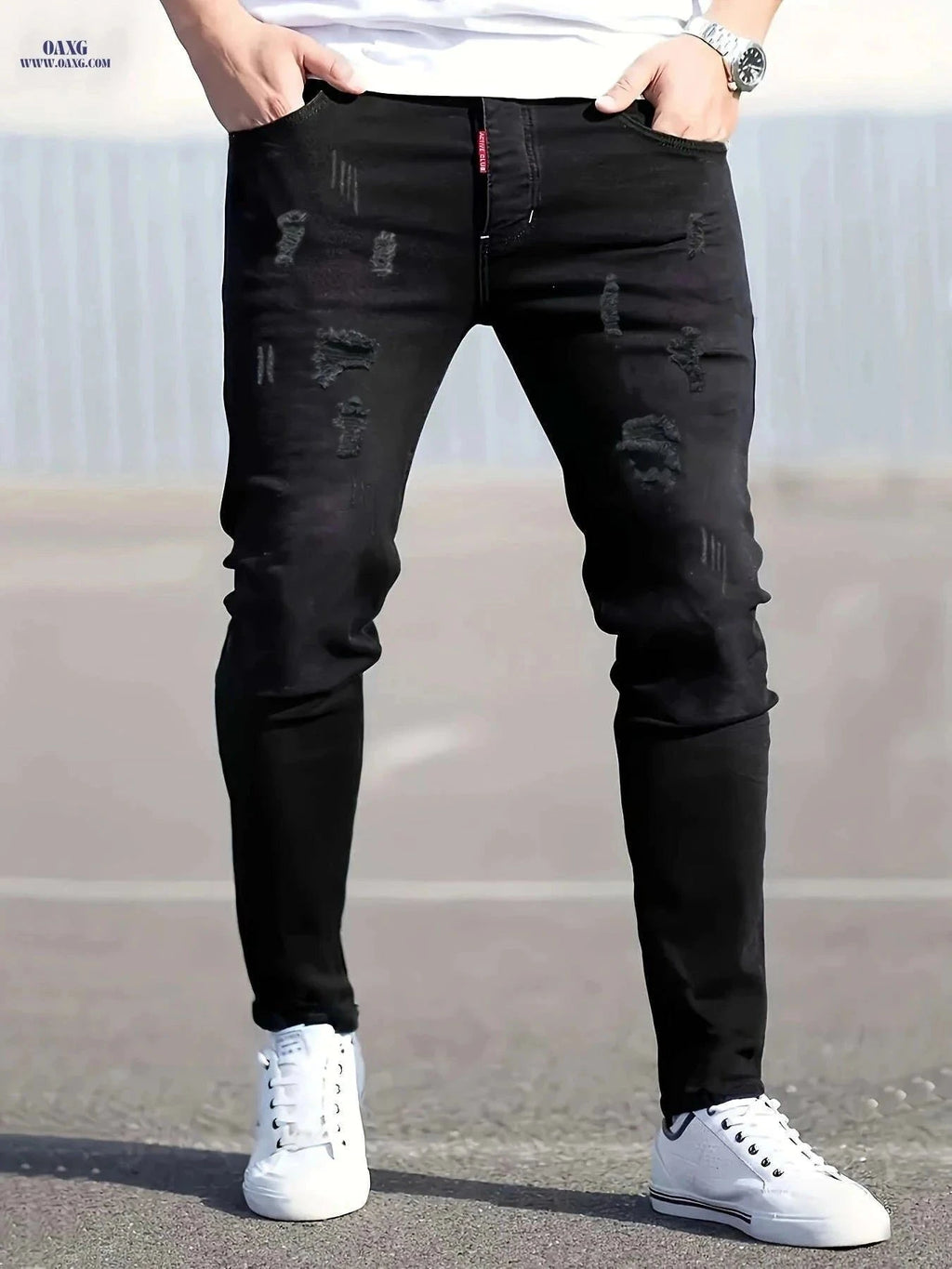 Men's Stretch Slim Fit Ripped Jeans - Classic All-Season Style   OAXG Ebony / FR S