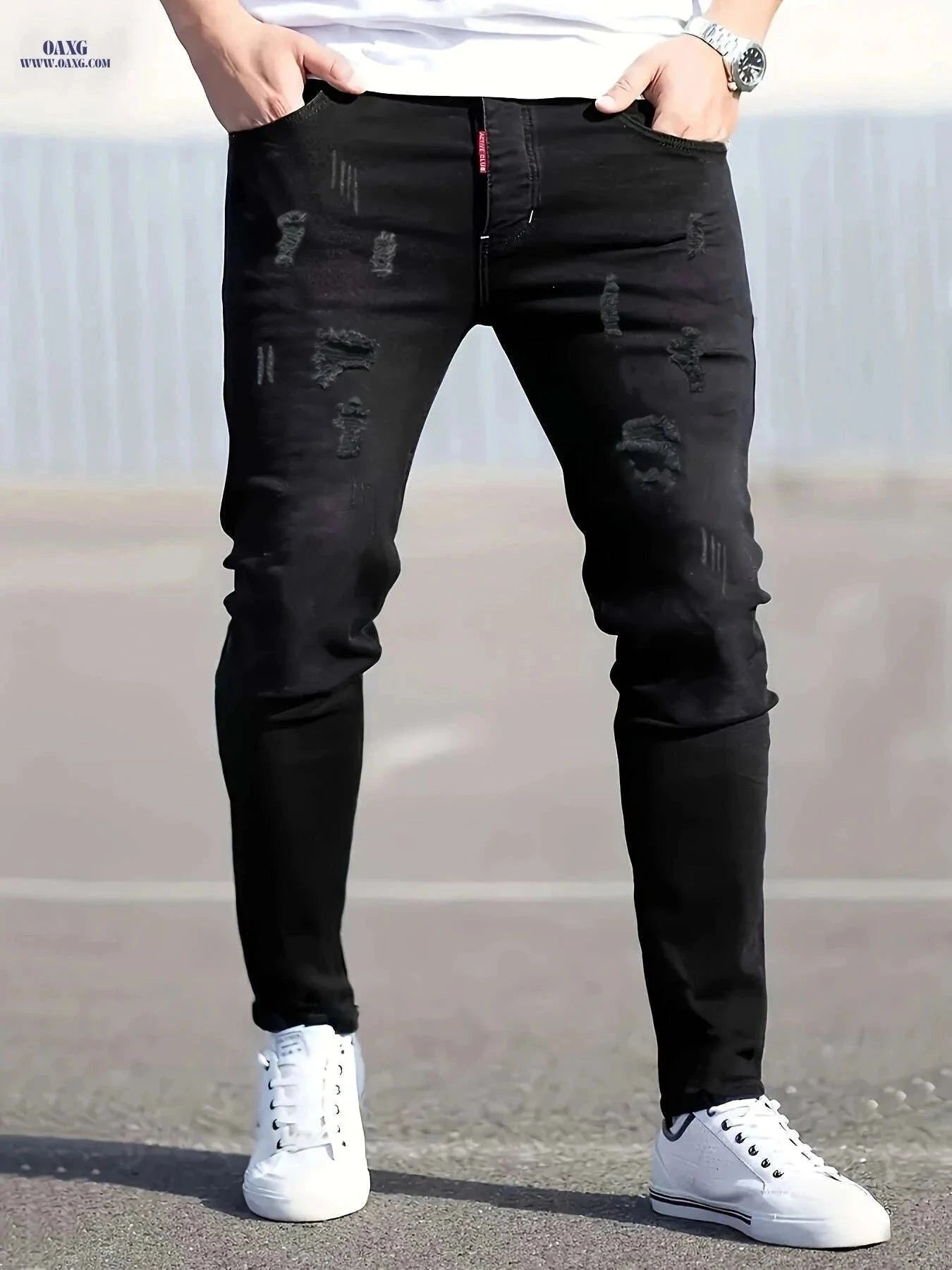 Men's Stretch Slim Fit Ripped Jeans - Classic All-Season Style   OAXG Ebony / FR S