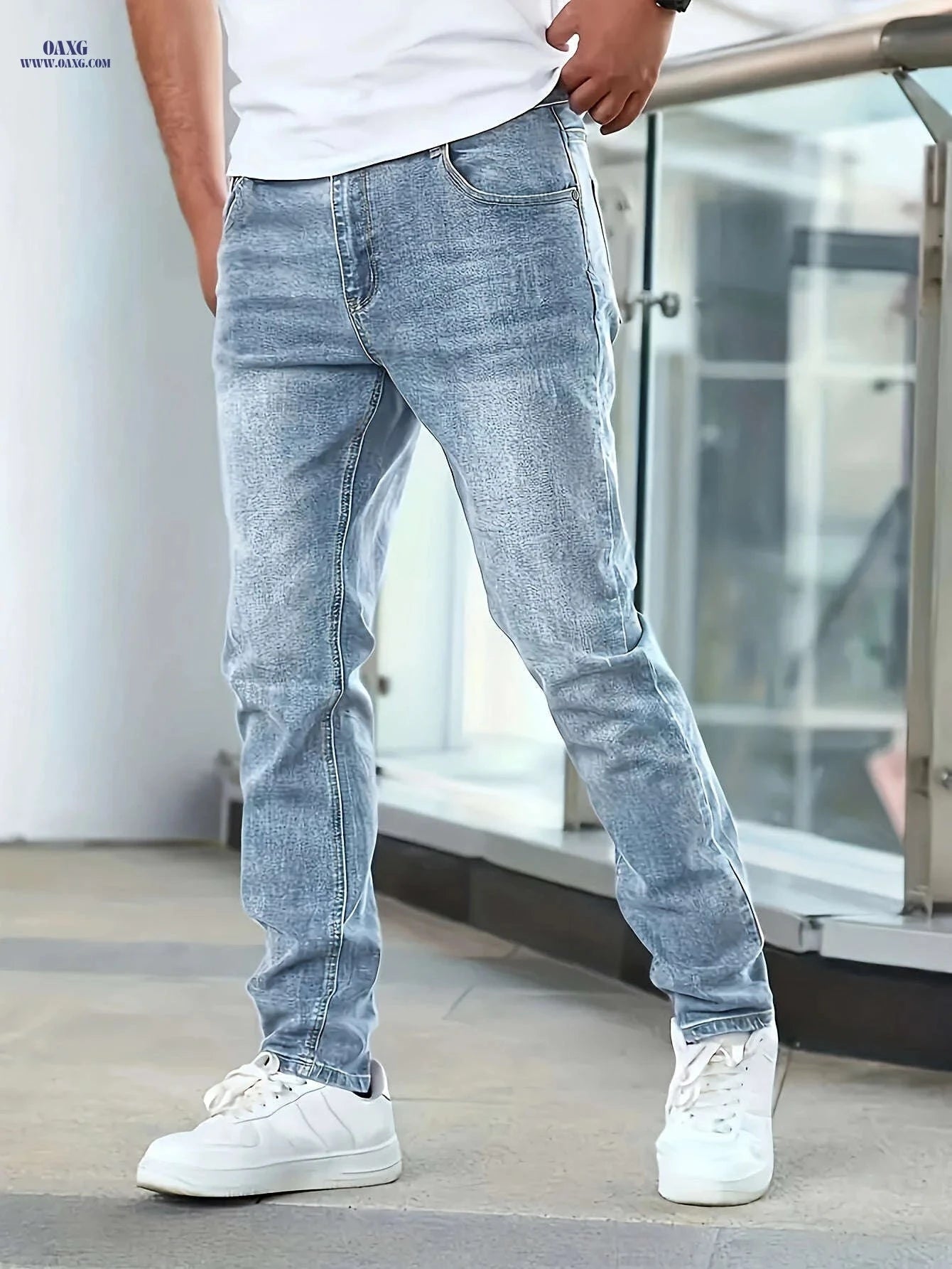 Men's Stretchy Blue Skinny Jeans - Slimming Fit for All Seasons   OAXG 