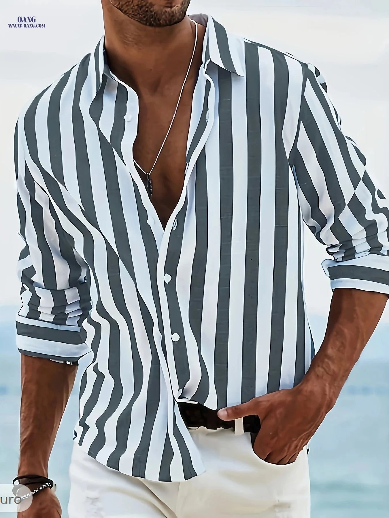Men's Striped Hawaiian Button-Up Shirt - Long Sleeve, Casual Style   OAXG 