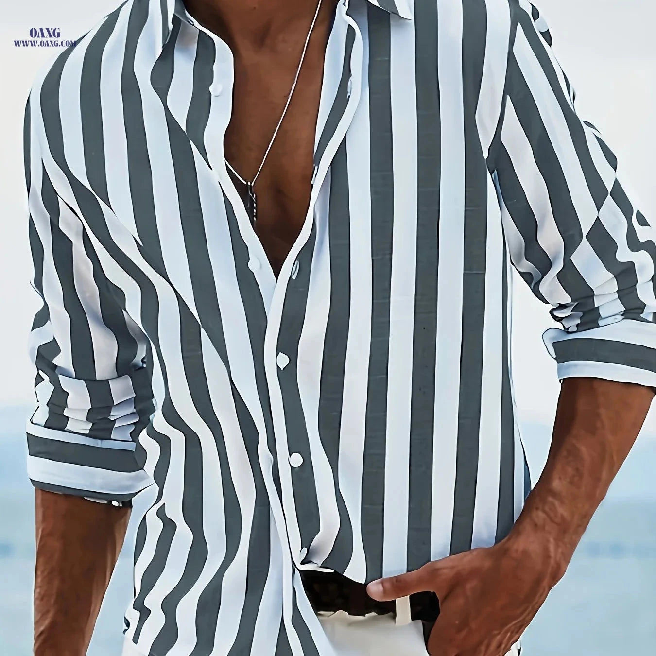 Men's Striped Hawaiian Button-Up Shirt - Long Sleeve, Casual Style   OAXG 
