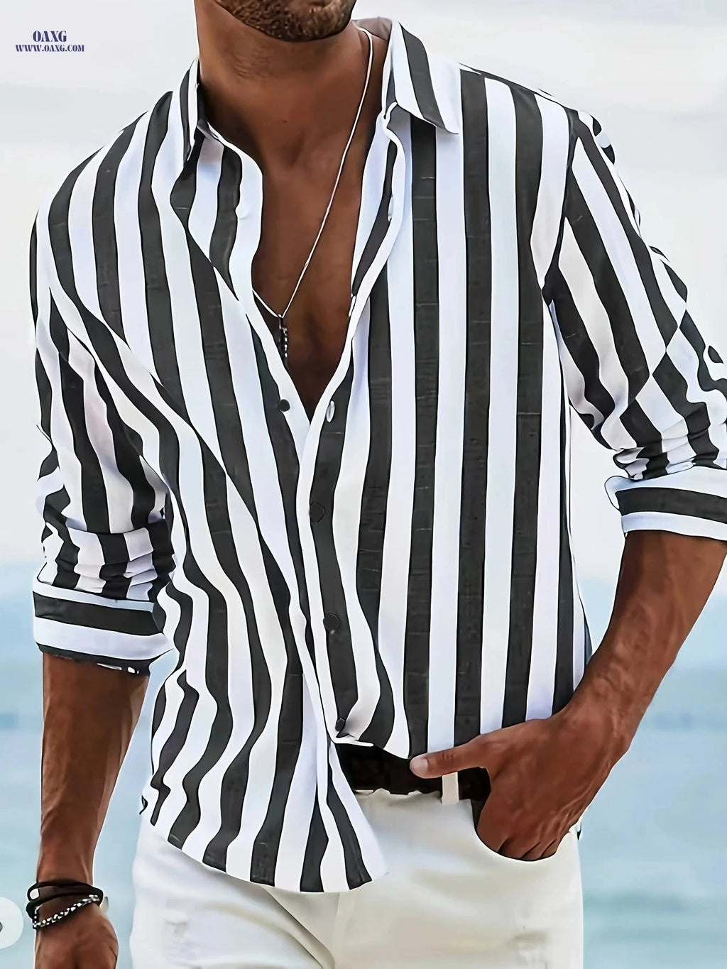 Men's Striped Hawaiian Button-Up Shirt - Long Sleeve, Casual Style   OAXG 