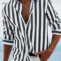 Men's Striped Hawaiian Button-Up Shirt - Long Sleeve, Casual Style   OAXG Black+Light White / FR S