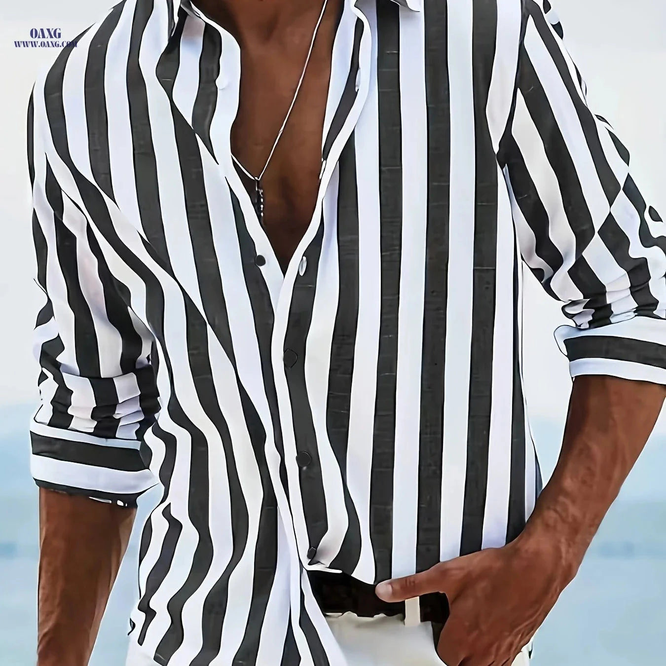 Men's Striped Hawaiian Button-Up Shirt - Long Sleeve, Casual Style   OAXG Black+Light White / FR S