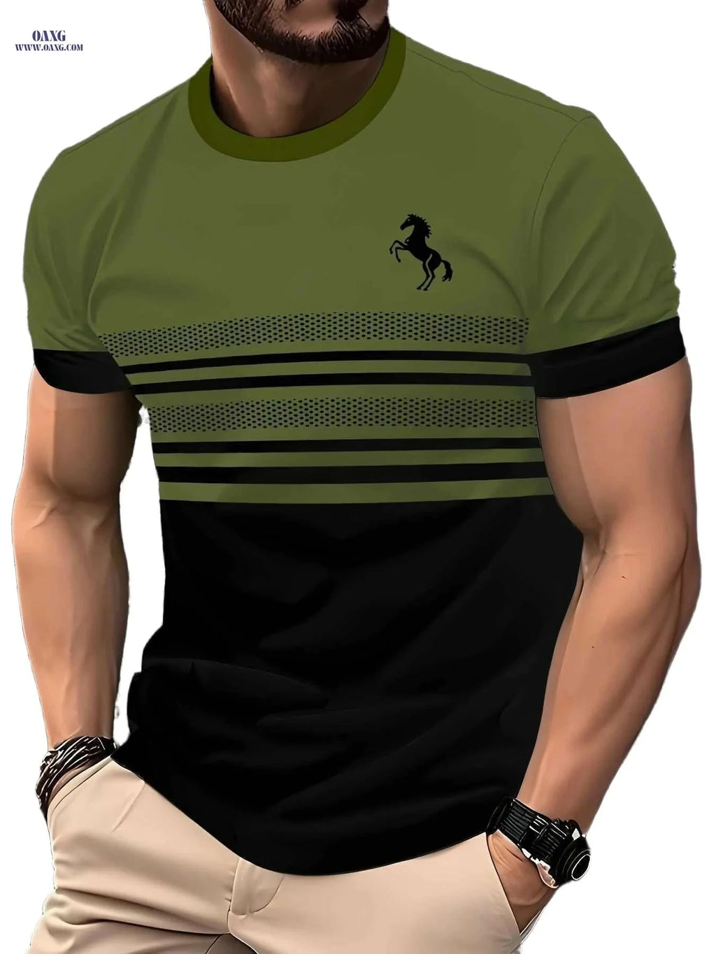Men's Striped Horse 3D Print T-Shirt - Casual Crew Neck Sportswear   OAXG 