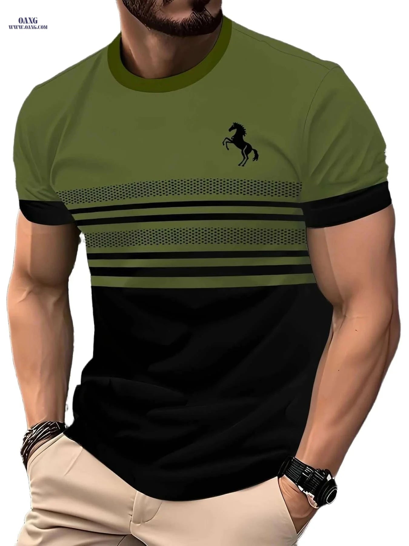 Men's Striped Horse 3D Print T-Shirt - Casual Crew Neck Sportswear   OAXG 