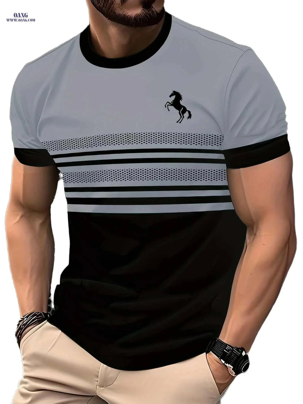 Men's Striped Horse 3D Print T-Shirt - Casual Crew Neck Sportswear   OAXG 