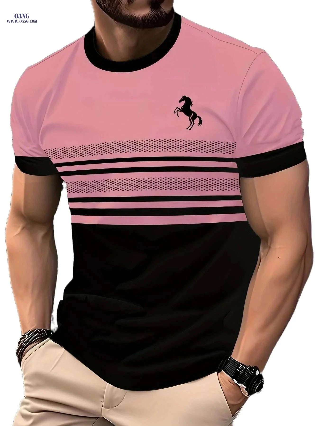 Men's Striped Horse 3D Print T-Shirt - Casual Crew Neck Sportswear   OAXG 