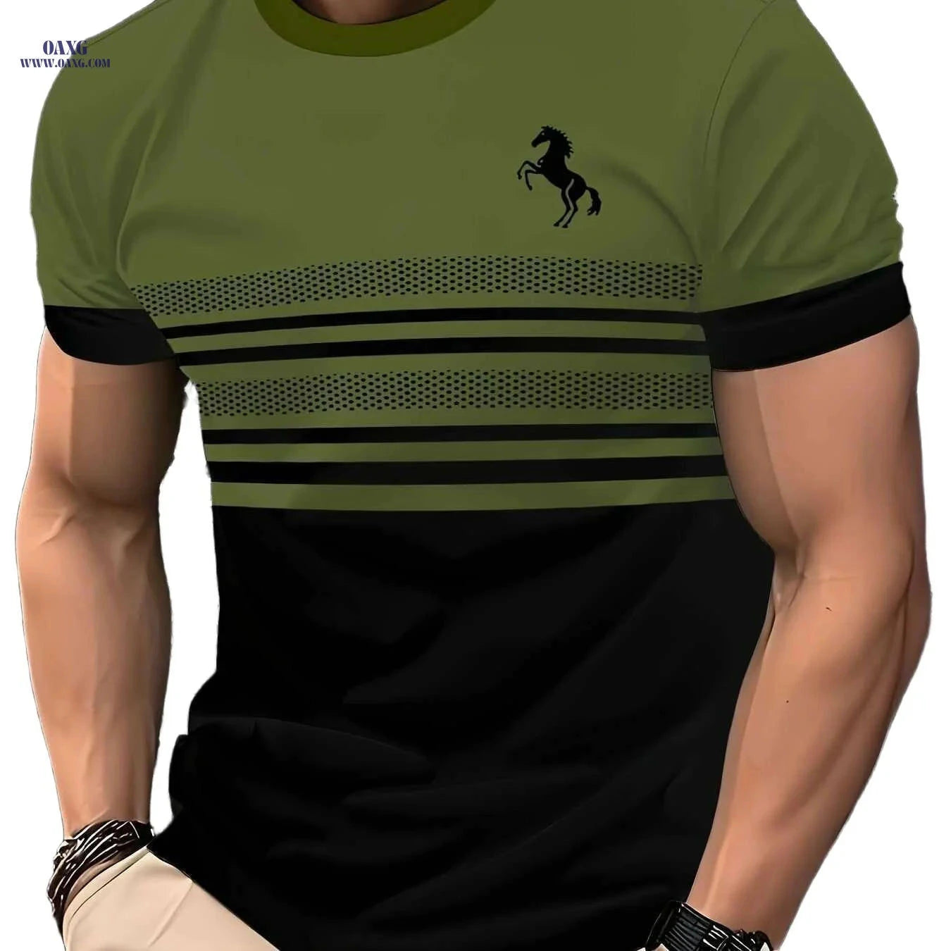 Men's Striped Horse 3D Print T-Shirt - Casual Crew Neck Sportswear   OAXG Pink Red Color / S