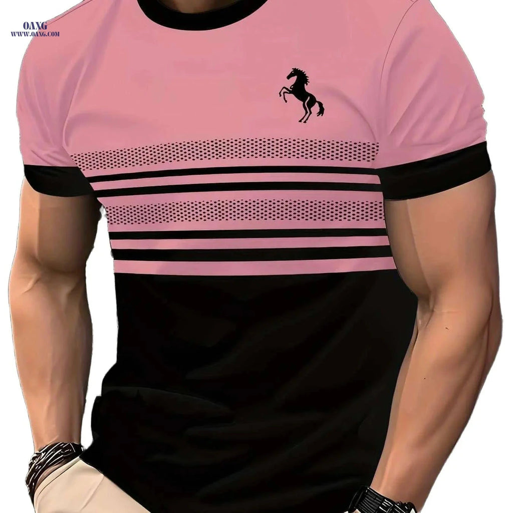 Men's Striped Horse 3D Print T-Shirt - Casual Crew Neck Sportswear   OAXG Pink Red Color / S