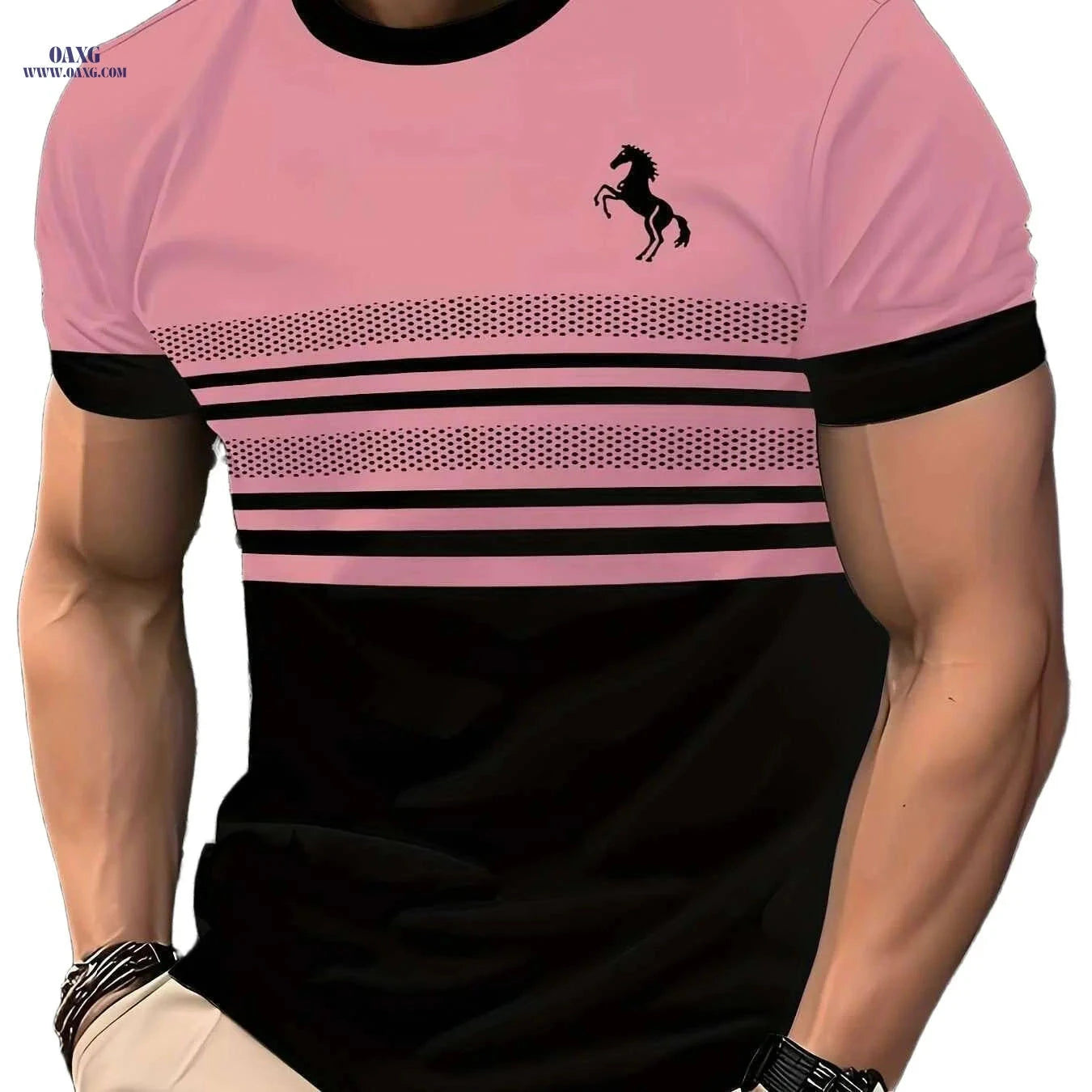 Men's Striped Horse 3D Print T-Shirt - Casual Crew Neck Sportswear   OAXG Pink Red Color / S