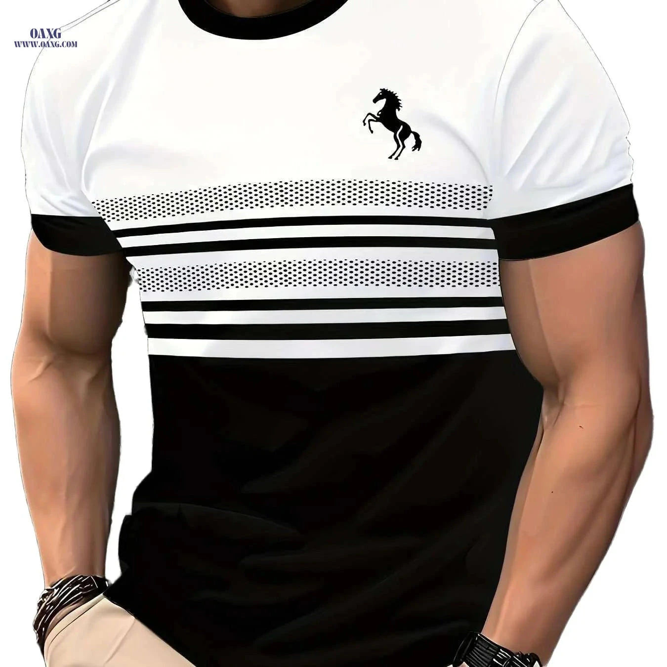 Men's Striped Horse 3D Print T-Shirt - Casual Crew Neck Sportswear   OAXG Pink Red Color / S