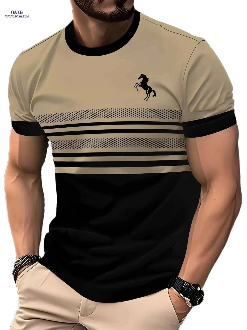 Men's Striped Horse 3D Print T-Shirt - Casual Crew Neck Sportswear   OAXG Pink Red Color / S