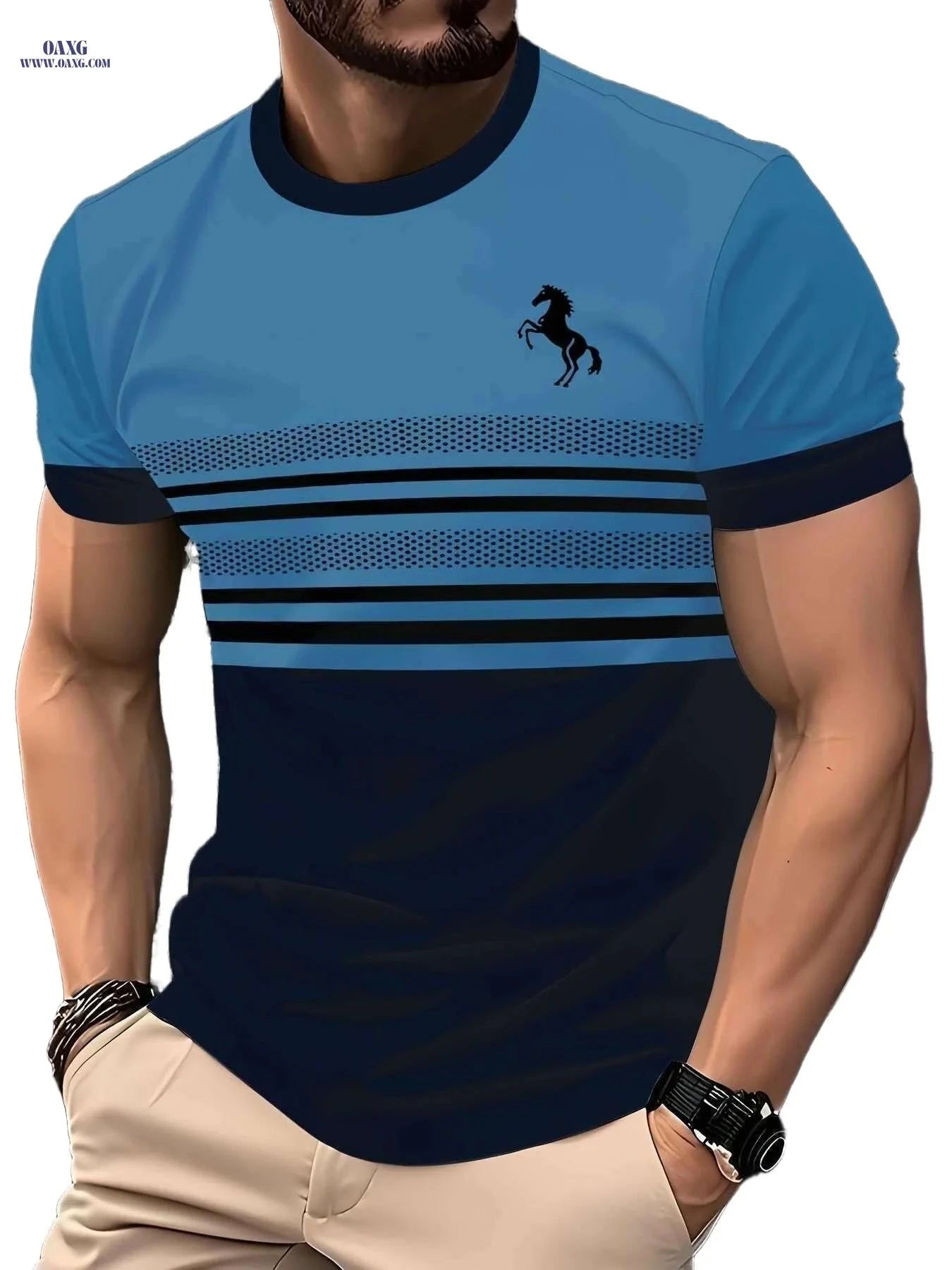 Men's Striped Horse 3D Print T-Shirt - Casual Crew Neck Sportswear   OAXG 