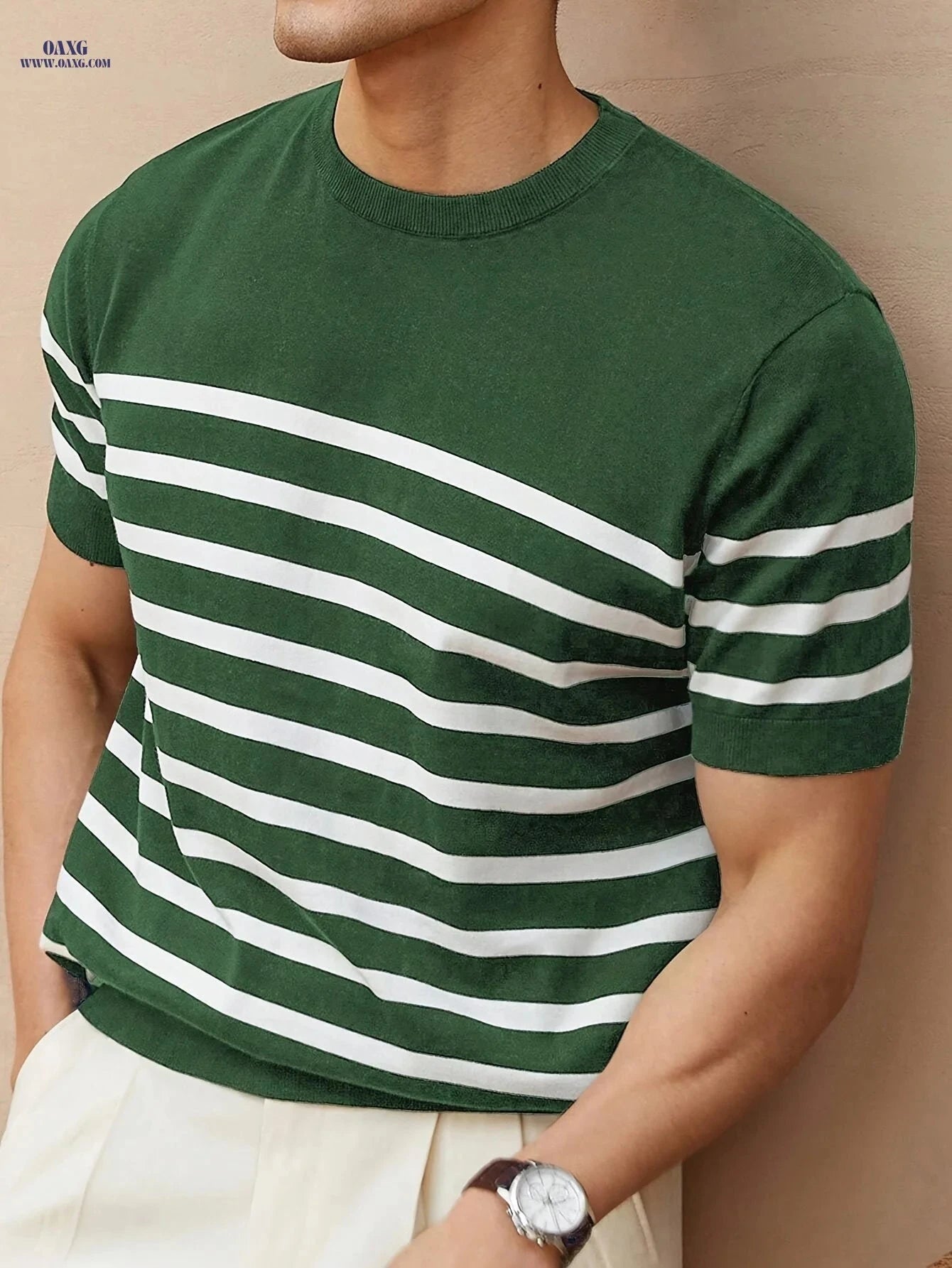 Men's Striped Knit Pullover - Casual, Lightweight for Spring/Summer   OAXG Navy blue color / FR XS