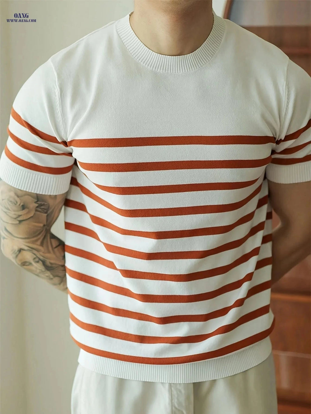 Men's Striped Knit Pullover - Casual, Lightweight for Spring/Summer   OAXG 