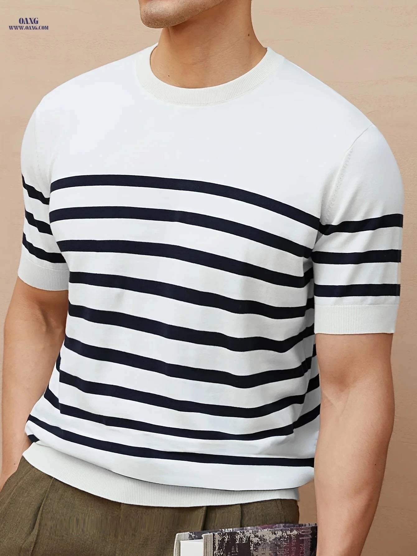 素际 Men's Striped Knit Pullover - Casual & Lightweight Spring Wear   OAXG 