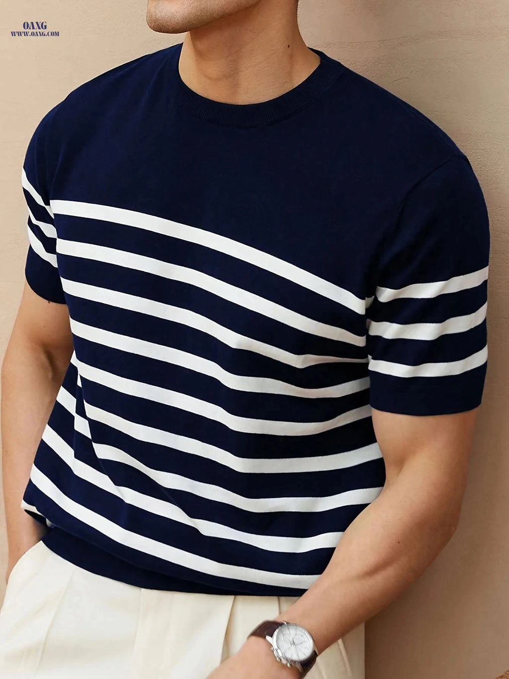 素际 Men's Striped Knit Pullover - Casual & Lightweight Spring Wear   OAXG Navy blue color / FR XS