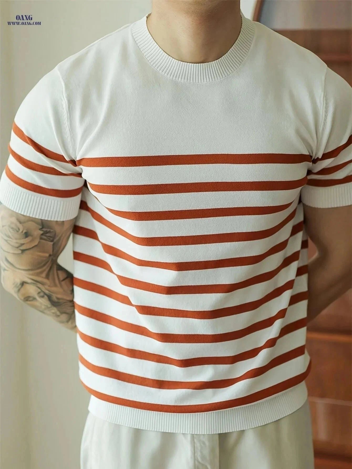Men's Striped Knit Pullover - Lightweight Crew Neck for All-Season Wear   OAXG Navy blue color / FR XS