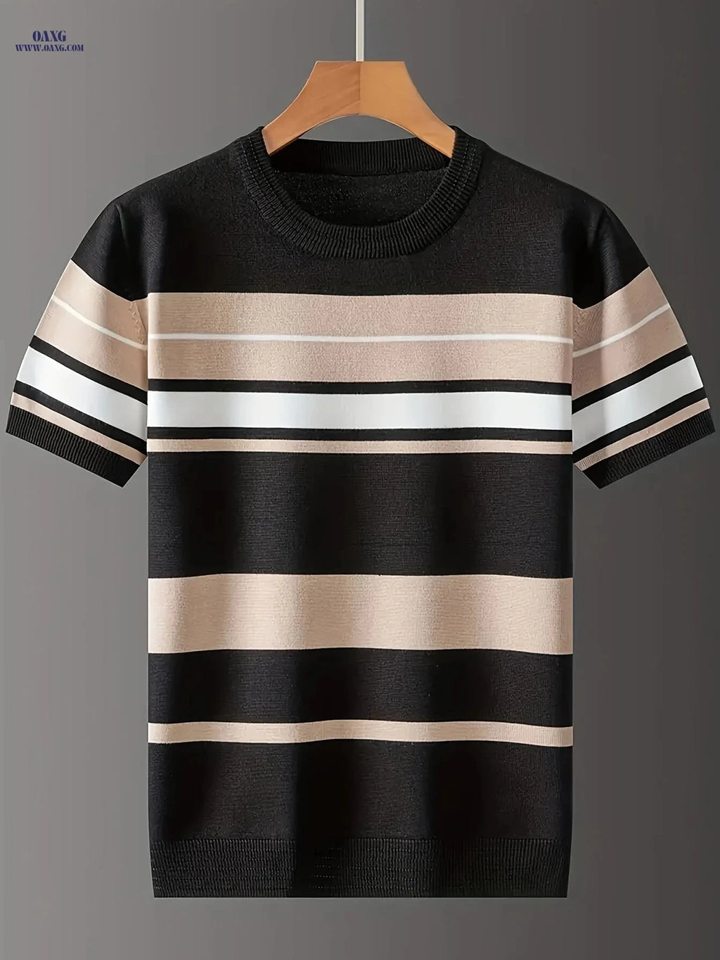 Men's Striped Knit Short-Sleeve Sweater - Casual Crew Neck Style   OAXG 