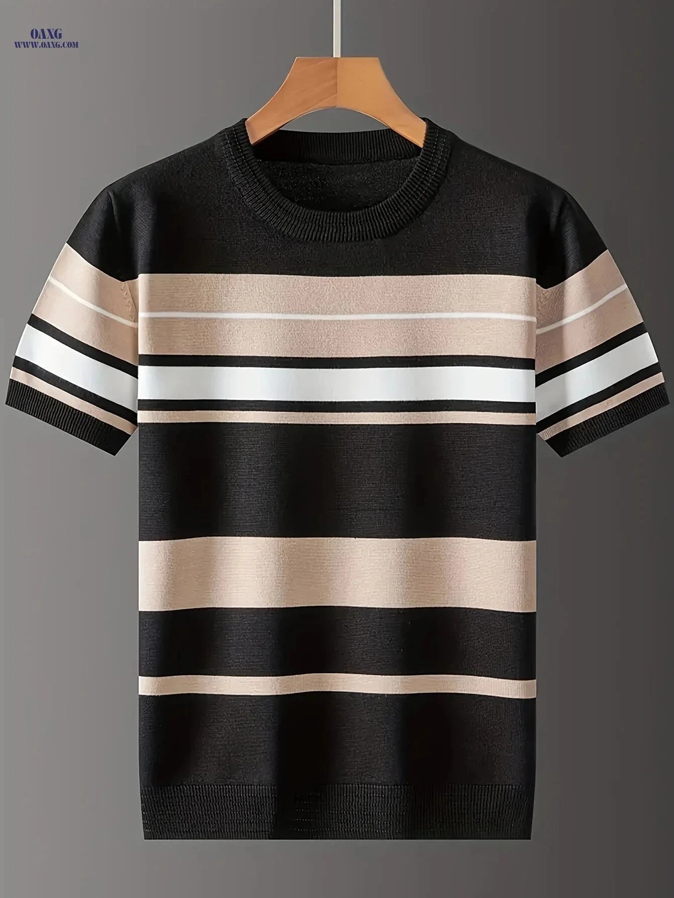 Men's Striped Knit Short-Sleeve Sweater - Casual Crew Neck Style   OAXG 